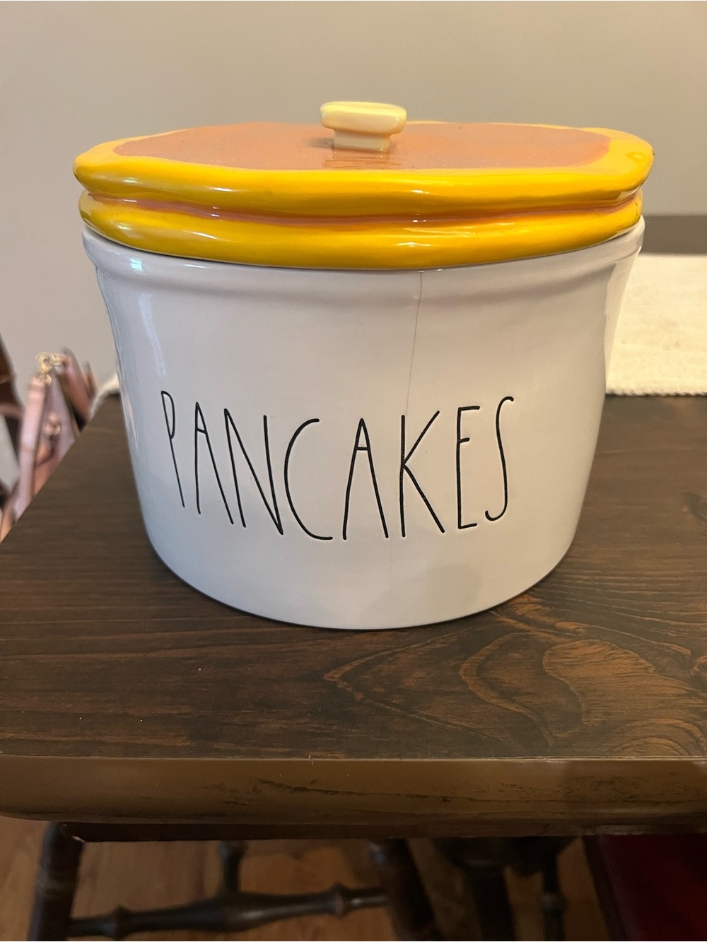 Rae Dunn Pancakes Ceramic Storage Canister with Yellow Lid